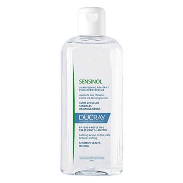 Flasche mit physioschützendem Shampoo von Ducray, beschriftet mit Informationen zu empfindlicher Kopfhaut und Juckreiz.