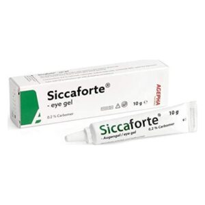 Tube mit augenbefeuchtendem Gel Siccaforte, verpackt in einer weißen Schachtel, 10 g Inhalt, 0,2 % Carbomer.