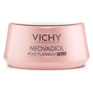 Runde rosa Augencreme-Dose von Vichy mit goldenen Details und dem Schriftzug 'Neovadiol'
