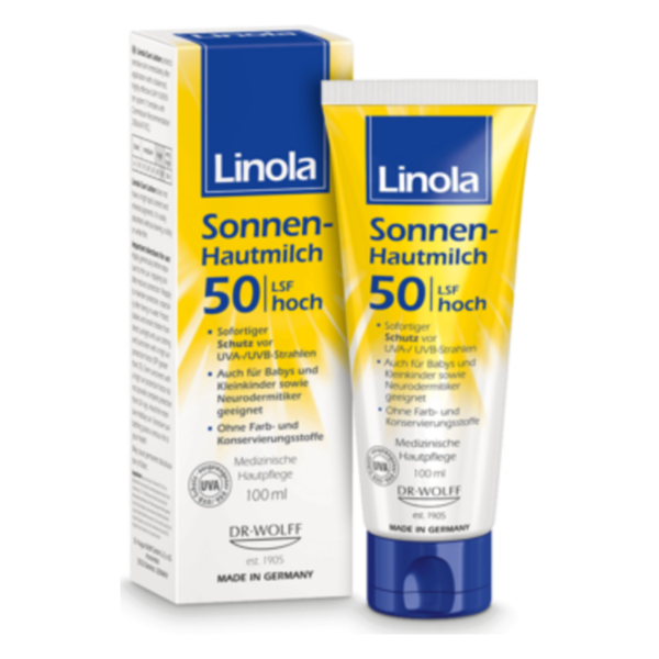 Linola Sonnen-Hautmilch mit Lichtschutzfaktor 50, geeignet für Babys und empfindliche Haut, in einer Tube und Verpackung.
