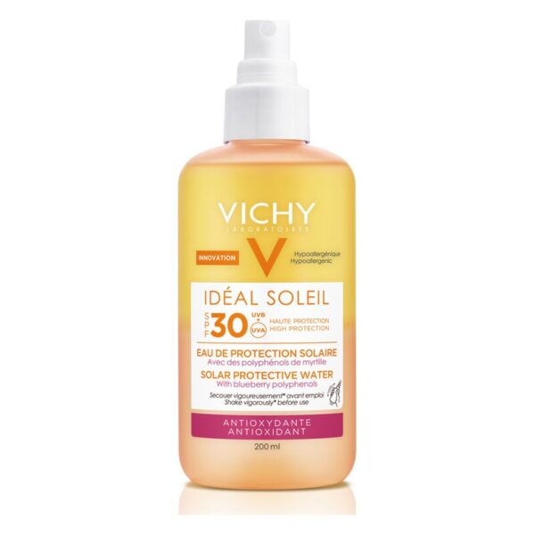 Sprühflasche mit Sonnenpflege von Vichy, Lichtschutzfaktor 30, mit Heidelbeer-Polyphenolen, 200 ml.