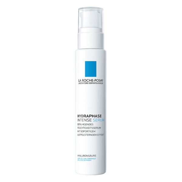 Flasche mit feuchtigkeitsspendendem Serum von La Roche-Posay, mit weißem Design und blauer Markenkennung.