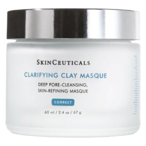 Ein Glasbehälter mit einer klaren, klärenden Tonmaske von SkinCeuticals, mit silbernem Deckel.
