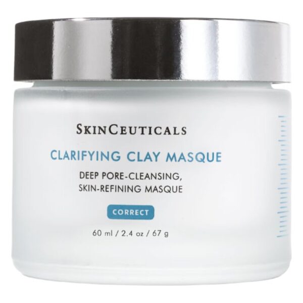 Ein Glasbehälter mit einer klaren, klärenden Tonmaske von SkinCeuticals, mit silbernem Deckel.