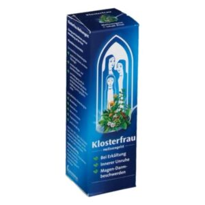 Helle blaue Verpackung eines Kräuterextrakts mit drei Frauenfiguren und botanischen Motiven, Klosterfrau Heilssegeist.