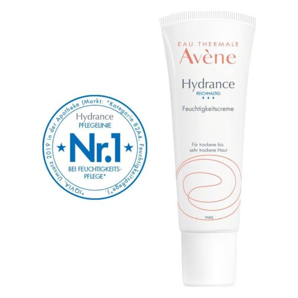 Tube mit Avène Hydrance Feuchtigkeitscreme für trockene Haut; enthaltenes Siegel für Nr. 1 bei Feuchtigkeitspflege.