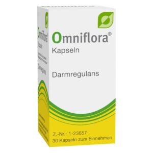 Verpackung der Omnifflora Kapseln für die Darmregulation, mit grünem Logo und gelber Baulinie