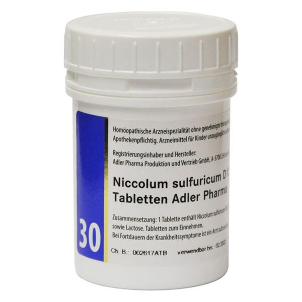 Runddose mit homöopathischen Tabletten, Etikett in Weiß und Blau, Informationen zu Inhalt und Hersteller aufgedruckt.