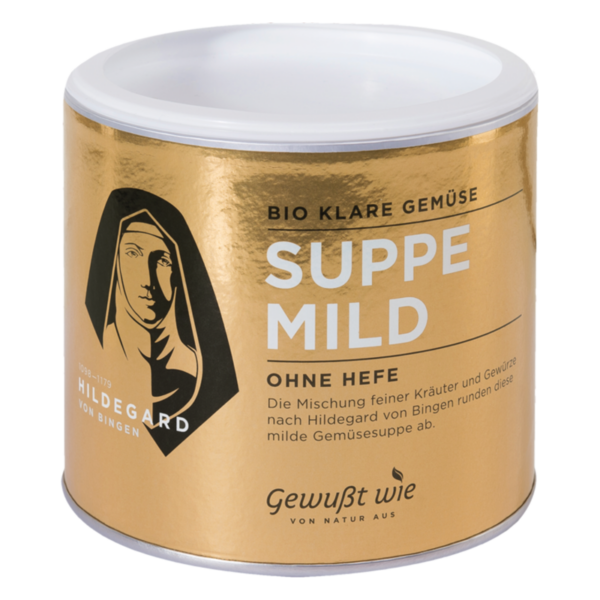 Dose mit goldener Verpackung, beschriftet mit "Bio klare Gemüse Suppe mild ohne Hefe" und abgebildetem Profil von Hildegard von Bingen.
