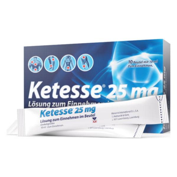 Verpackung von Ketesse 25 mg, einer Lösung zum Einnehmen, mit zehn Beuteln und Anwendungsinformationen.