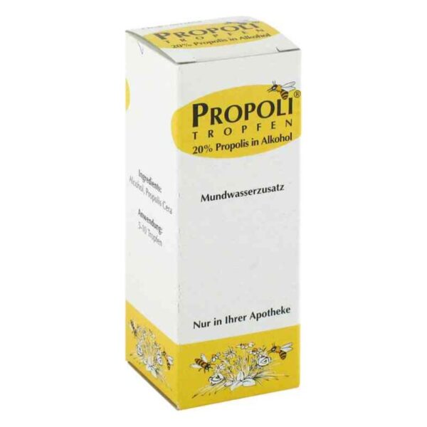 Weißer Karton mit gelben und schwarzen Schriftzügen, kennzeichnet Propolis-Tropfen als Mundwasserzusatz.