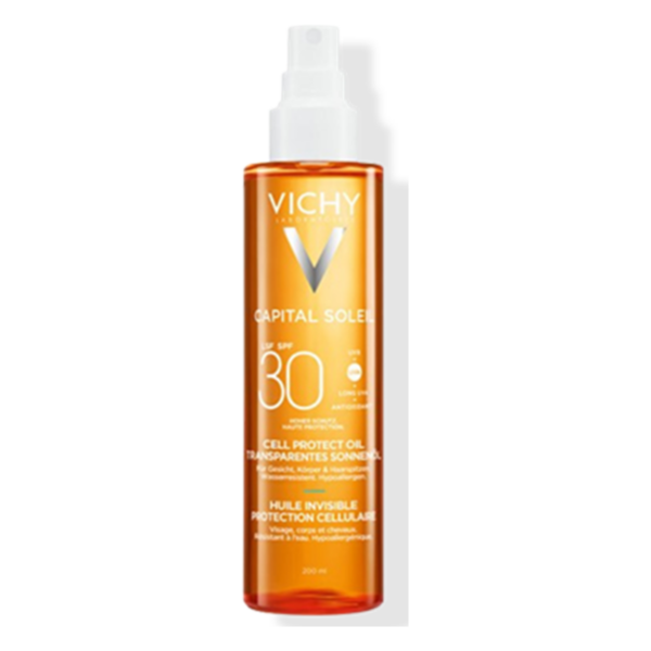 Transparente Sonnenöl-Spray von Vichy mit Lichtschutzfaktor 30 in einer 200 ml Flasche.