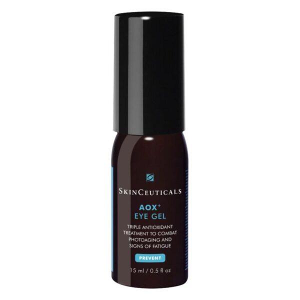 Brauner Flakon mit schwarzem Deckel, enthält AOX+ Eye Gel von SkinCeuticals zur Bekämpfung von Hautalterung.
