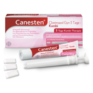 Canesten Kombi-Packung mit 3 Vaginaltabletten, Tube Creme und Applikator zur Behandlung von Vaginalpilz.