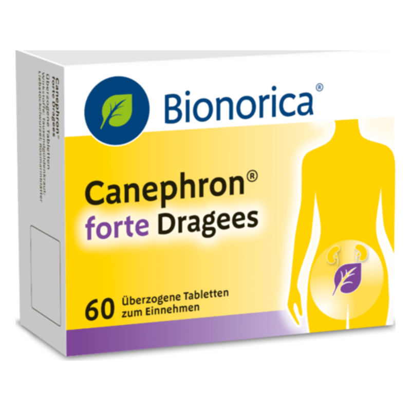 Verpackung von Canephron forte Dragees mit Abbildung eines menschlichen Körpers und Nieren.