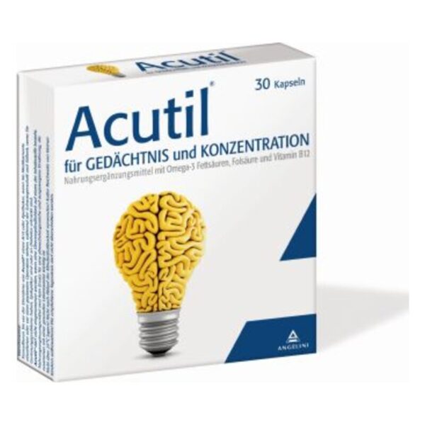 Verpackung von Acutil für Gedächtnis und Konzentration mit einer Glühbirne, die ein Gehirn darstellt.