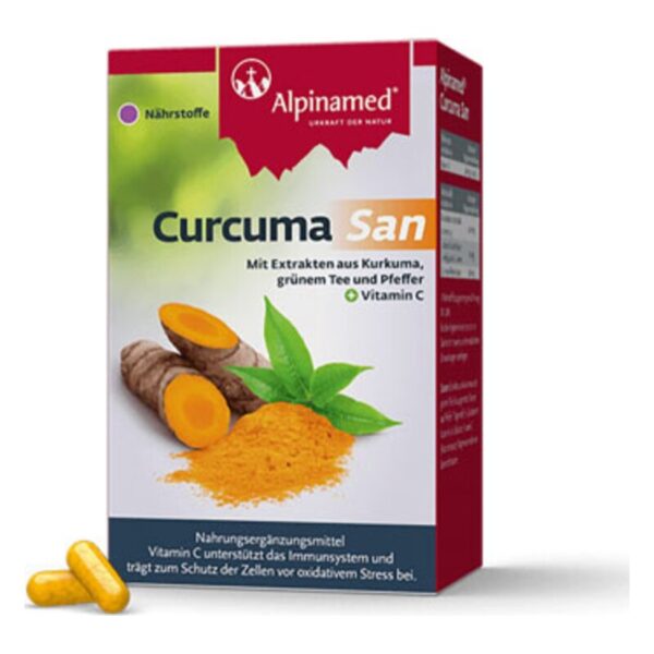 Verpackung von Curcuma San, enthält Kurkuma, grünen Tee, Pfeffer und Vitamin C, mit gelben Kapseln daneben.