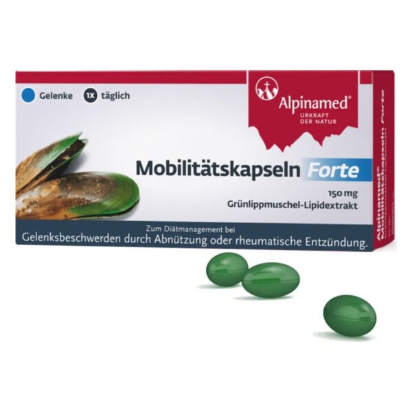 Packung Mobilitätskapseln Forte mit Grünlippmuschel-Lipidextrakt, zwei grüne Kapseln daneben.