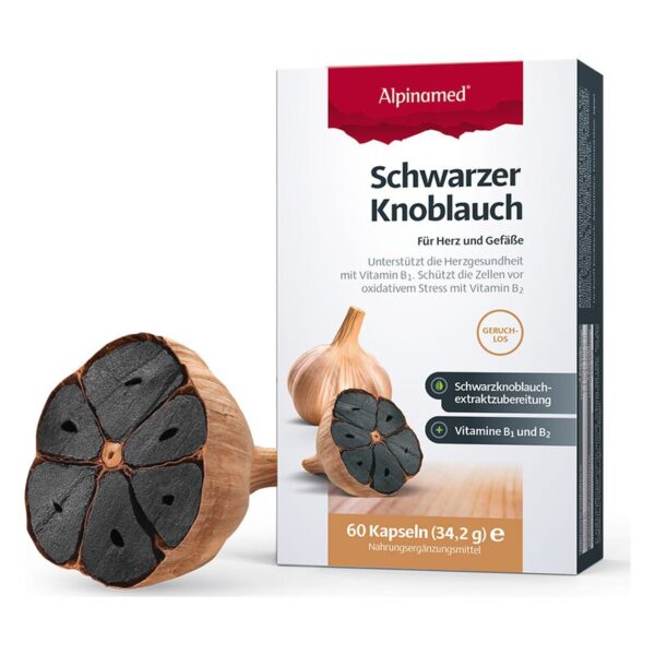 Verpackung von schwarzem Knoblauchpräparat mit schwarzen Kapseln und Beschreibung der Inhaltsstoffe und Nutzen.