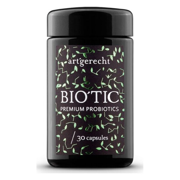 Schwarzer Behälter mit grünem, pflanzlichem Design, enthält Premium-Probiotika in Kapseln.