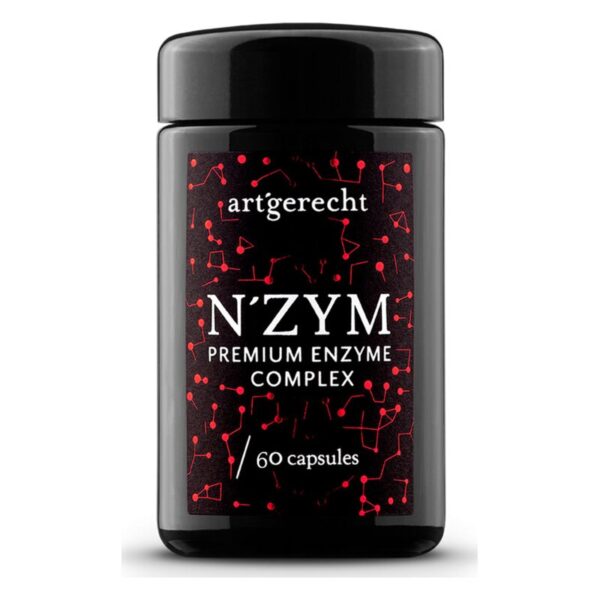 Schwarzes Kunststoffgefäß mit rotem und weißem Etikett, das den N'ZYM Premium Enzyme Complex enthält.