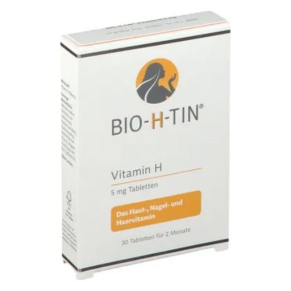 Verpackung von BIO-H-TIN Vitamin H in einem quadratischen Karton mit geprägtem Logo und Informationen zur Anwendung.