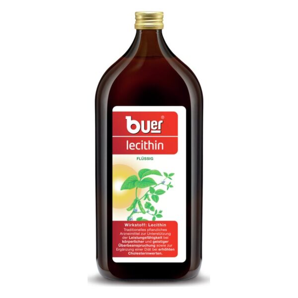 Braune Flasche mit goldenem Schraubverschluss, gefüllt mit flüssigem Lecithin und einem bunten Etikett.