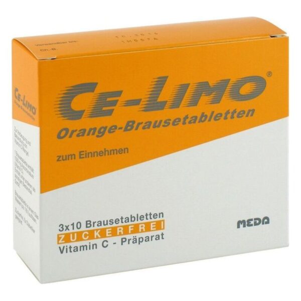 Packung mit CE-LIMO Orange-Brausetabletten, vitamin C-haltig und zuckerfrei, im klaren Design.