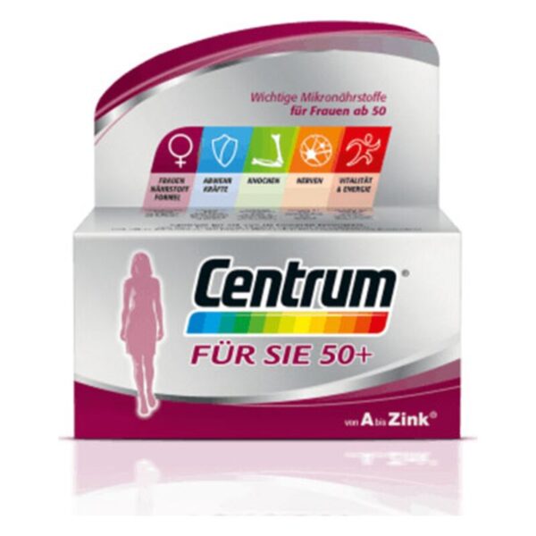 Packung von Centrum für Frauen ab 50 mit bunten Symbolen für Mikronährstoffe und Gesundheitsthemen.