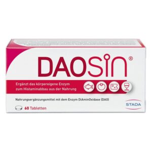 Verpackung von DAOSin, einem Nahrungsergänzungsmittel mit DiAminOxidase zur Unterstützung des Histaminabbaus.