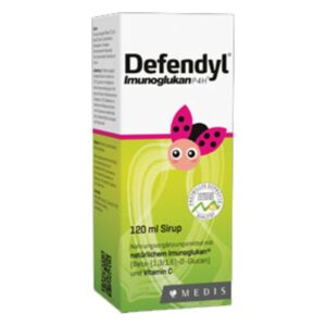 Verpackung von Defendyl Immunoglukansirup mit buntem Design und Abbildung eines Käfers, 120 ml.