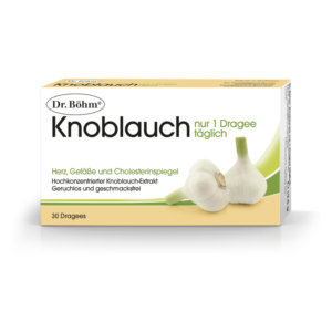 Packung mit Dr. Böhm Knoblauch-Dragees zur Unterstützung von Herz und Cholesterinspiegel, geruchs- und geschmacklos.