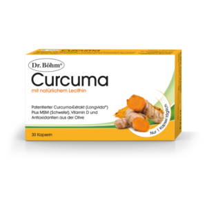 Verpackung von Dr. Böhm Curcuma mit natürlichem Lecithin, Kapseln mit Kurkuma-Extrakt, MSM, Vitamin D und Oliven-Antioxidantien.