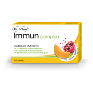 Verpackung des Dr. Böhm Immuncomplex mit 30 Tabletten, enthält 27 Vitamine, Mineralstoffe und Pflanzenextrakte.