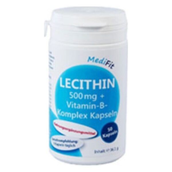 Weißer Kunststoffbehälter mit blauem Etikett, enthält Lecithinkapseln mit Vitamin B-Komplex.