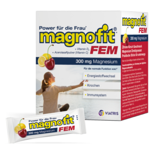 Verpackung von magnofit FEM, Magnesium-Sticks in Zitronen-Kirsch-Geschmack, für die Gesundheit von Frauen.