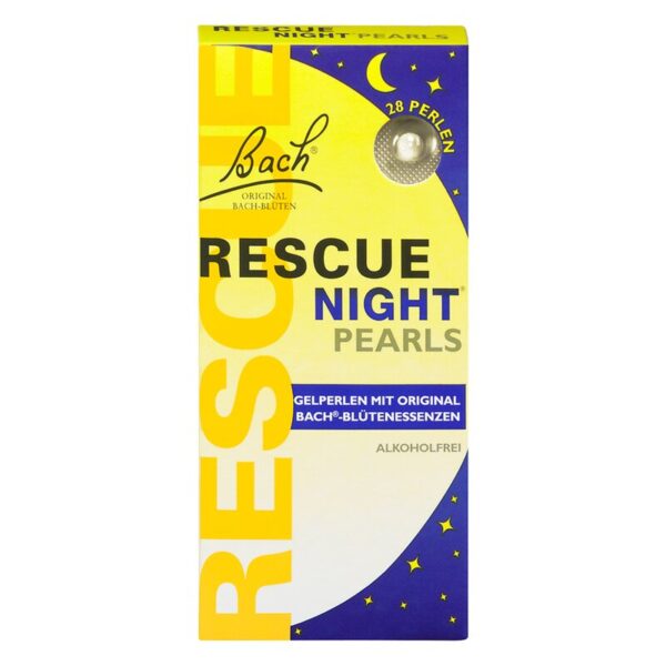 Verpackung von Rescue Night Pearls mit gelben und blauen Farben, enthält 28 alkoholfreie Gelperlen mit Bach-Blütenessenzen.