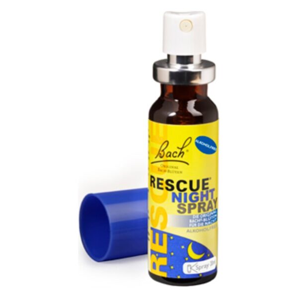 Braune Flasche mit Sprühkopf und gelb-blauer Etikettierung für Bach Rescue Night Spray sowie blauer Verschluss.