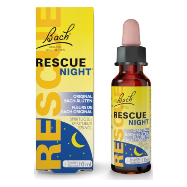 Flasche mit Bach Rescue Night Tropfen und einer gelben Verpackung, die den Produktnamen und Inhaltsangaben zeigt.