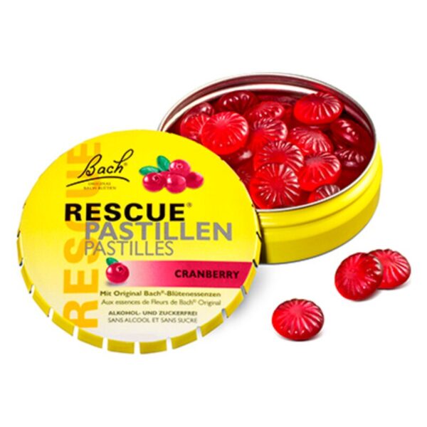 Runde, gelbe Dose mit roten Cranberry-Pastillen, die beruhigende Bach-Blütenessenzen enthalten.