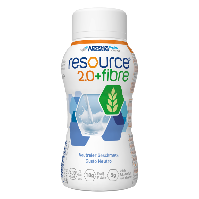 Flasche mit neutralem, ballasstoffreichem Getränk von Nestlé, gekennzeichnet mit "resource 2.0 + fibre".