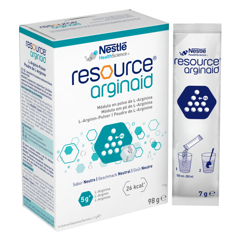 Verpackung von Nestlé resource arginaid, einem L-Arginin-Pulver mit neutraleem Geschmack und Dosieranleitung auf dem Beutel.