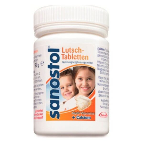 Weißes Fläschchen mit Sanostol Lutschtabletten, neben abgebildeten Kindern. Gesundheitliches Nahrungsergänzungsmittel mit Vitaminen und Calcium.