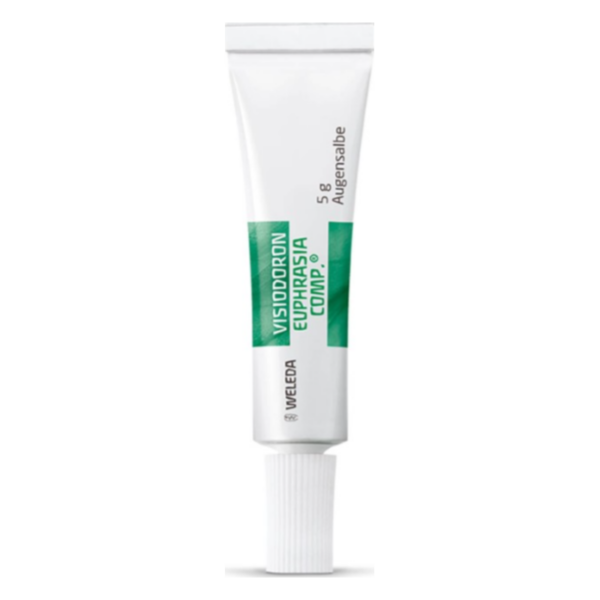 Tube mit Augensalbe Visiodoron Euphrasia Comp. von Weleda, 5 g, schlanke Form, weiße Verpackung mit grüner Schrift.