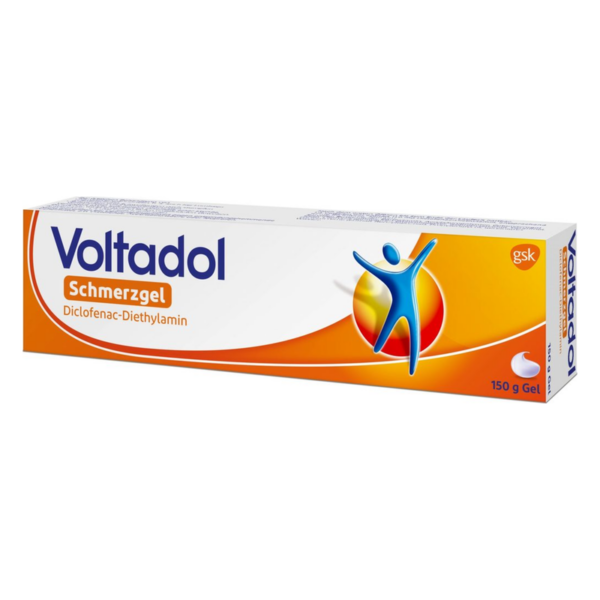 Verpackung von Voltadol Schmerzgel in einer weißen Box mit orangefarbenen Akzenten und blauer Schrift, enthält 150 g Gel.