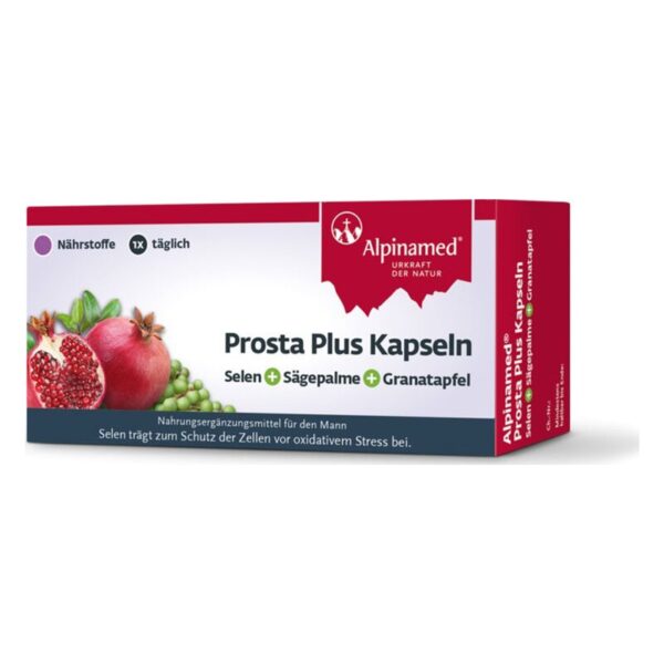 Packung Prosta Plus Kapseln mit Selen, Sägepalme und Granatapfel, zur Unterstützung der Männergesundheit.