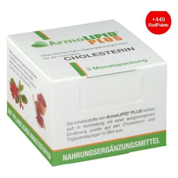 Verpackung von ArmoLIPID PLUS, einem pflanzlichen Nahrungsergänzungsmittel für Cholesterin, in einer 3-Monatspackung.