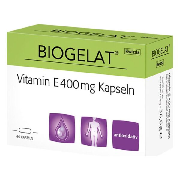 Verpackung von BI Gelat Vitamin E 400mg Kapseln, grüne Box mit Illustrationen und Hinweisen zur Anwendung.