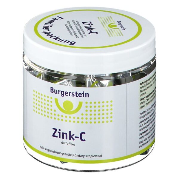 Transparente Dose mit Zink-C Toffees, beschriftet mit Nährstoffangaben und Herstellerlogo.