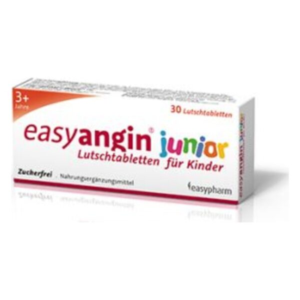 Verpackung von easyangin junior Lutschtabletten für Kinder, zuckerfrei, ideal für Kinder ab 3 Jahren.